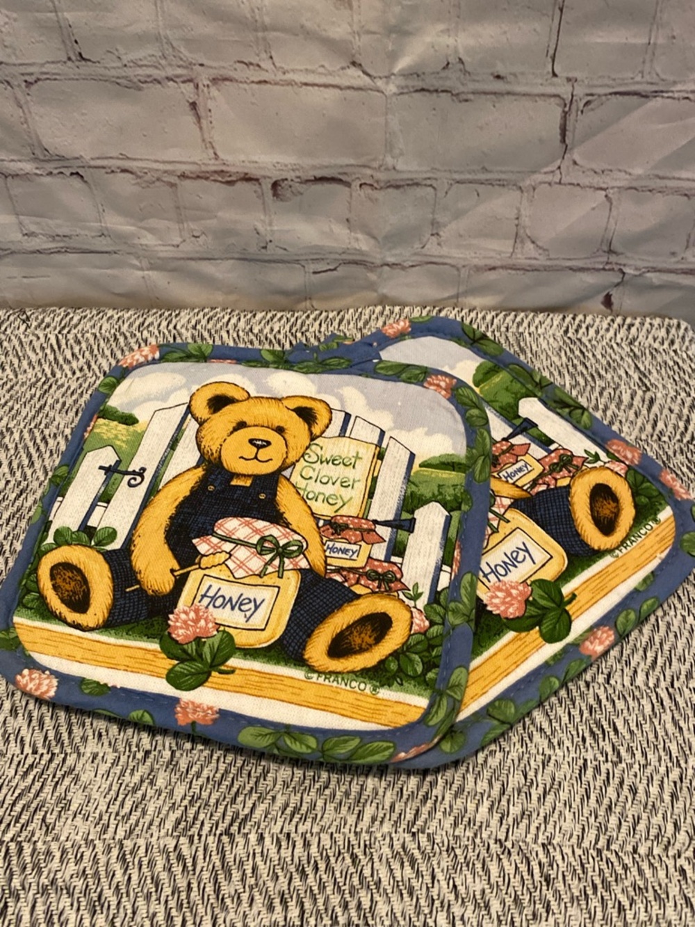 Vintage Unused Teddy Bear Honey Pot Quilted Potholders - Yellow, Blue, Green